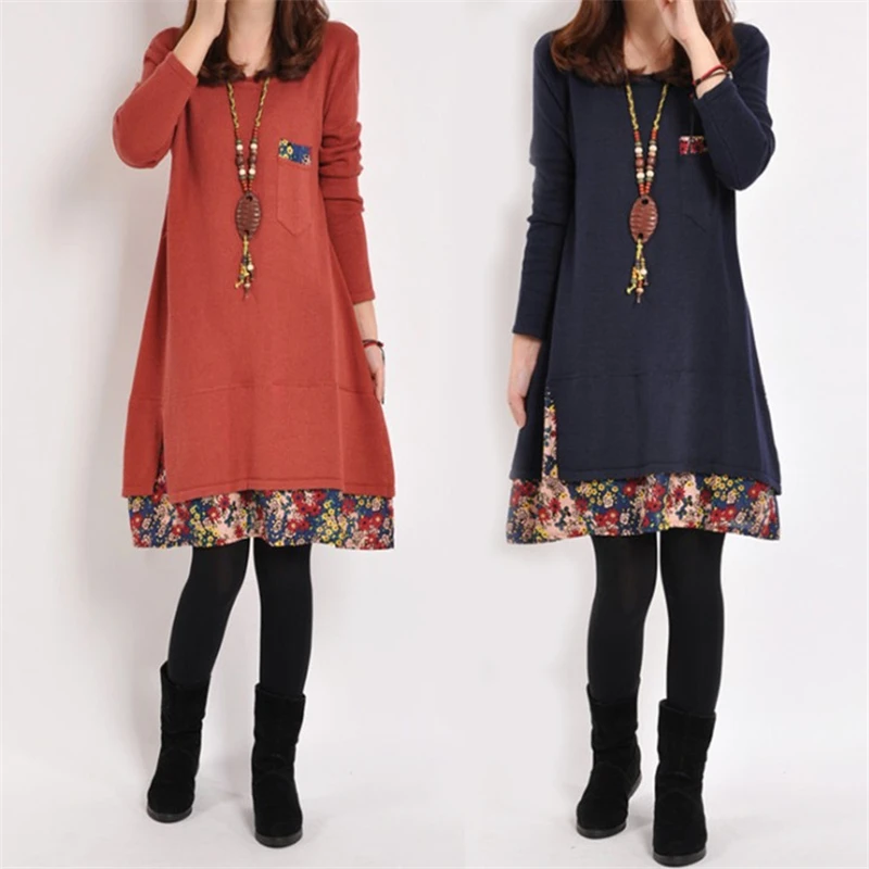 

New Fashion Winter Dress Plus Size Vintage Women Dress Autumn Floral Printed Pocket Streetwear Patchwork Long Sleeve Loose Dress
