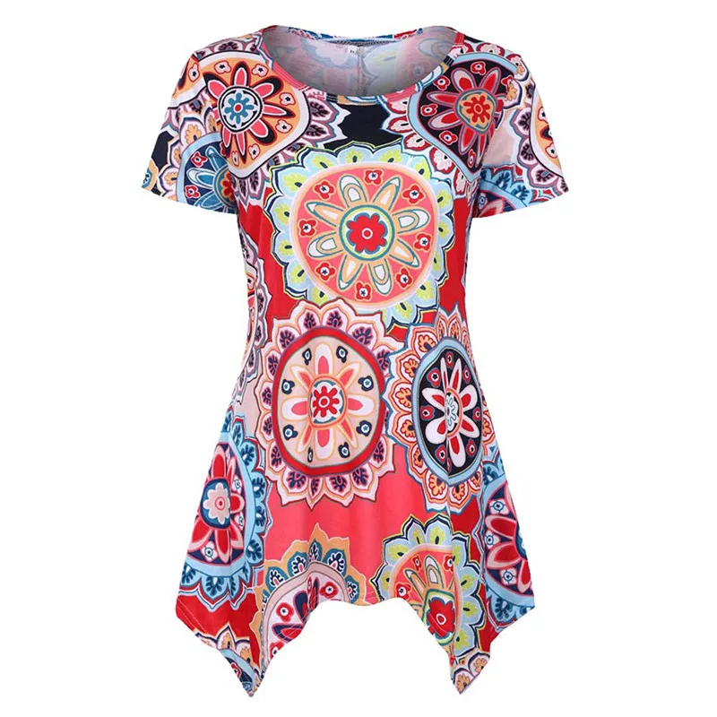 

2018 Women's Print Running Sports T-shirt Short Sleeve Tops Asymmetrical Base Shirt Tops Peonies T Shirt for Summer