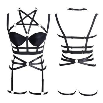 

Set Harness Women Strappy Top Cage Elastic Breast Belt Bralette Harajuku Punk Plus Size Lingerie Pentagram Dance Rave Wear