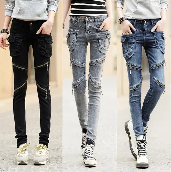 Хип-хоп узкие джинсы-карго с карманами, женские хлопковые шаровары, джинсовые штаны, женские байкерские джинсы на молнии, женские черные, синие, серые