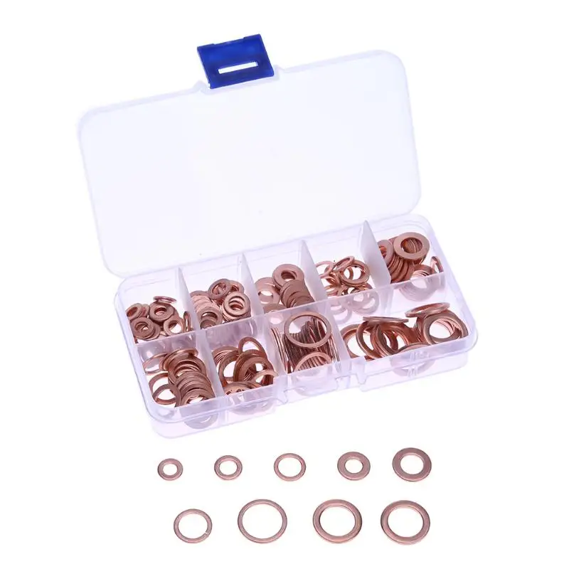 

200pcs/Set Purple Copper Washer Sealing Ring Gasket Flat Kit with Box M5 M6 M8 M10 M12 M14 Professional Hardware Tool