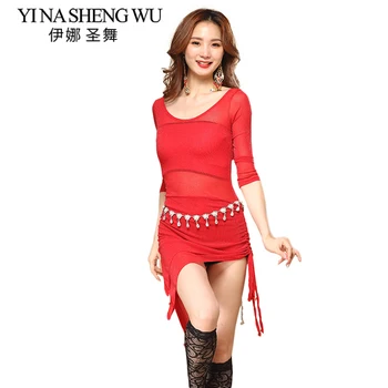 

Belly Dance Practice Clothes New Spring And Summer Female Dance Costumes Long-sleeve Adults Silver Yarn Irregular Dress 3Pcs Set
