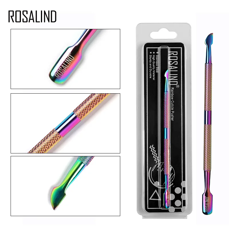 

ROSALIND 1PCS Cuticle Pusher Rainbow Stainless Steel Cuticle Nail Art tools 2 Way Spoon Pusher Pedicure Manicure Remover Tools