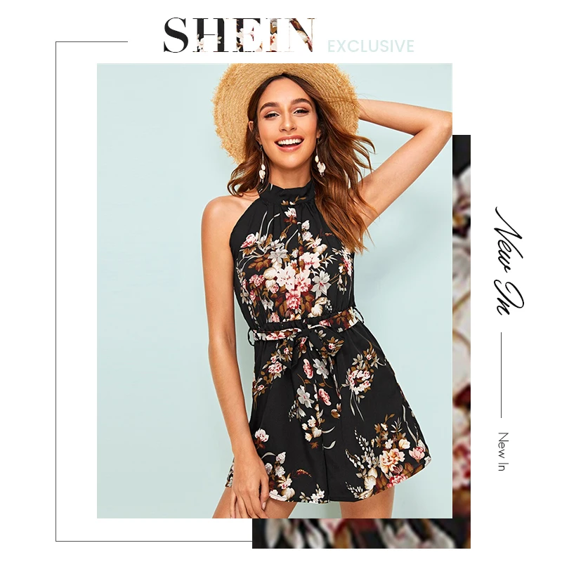 SHEIN модный пляжный костюм с цветочным принтом и завязками на спине,, Boho, черный, летний, без рукавов, с высокой талией, женская одежда, пляжный костюм