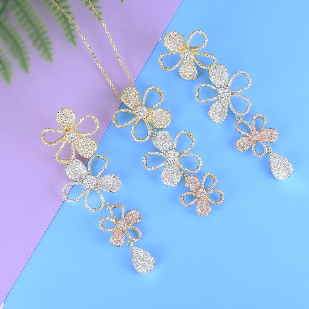 

GODKI Luxury Flower Lariat Necklace Earring Sets Cubic Zircon Crystal CZ jewelry Sets for women Wedding India Bridal Jewelry Set