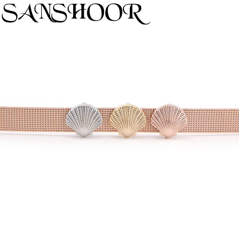 

New SANSHOOR Jewelry Sea Mussel Slide Charms for Beach Fit 10mm Stainless Steel Mesh Bracelet for DIY Jewelry Accessories Design