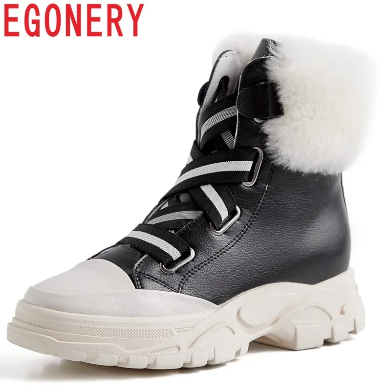 

EGONERY winter new concise mixed colors ankle boots genuine leather women shoes med wedges platform round toe warm snow boots