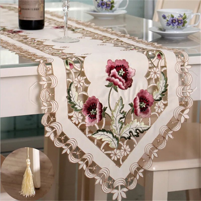 Elegant Polyester Embroidery Table Runner Handmade Embroidered Flower