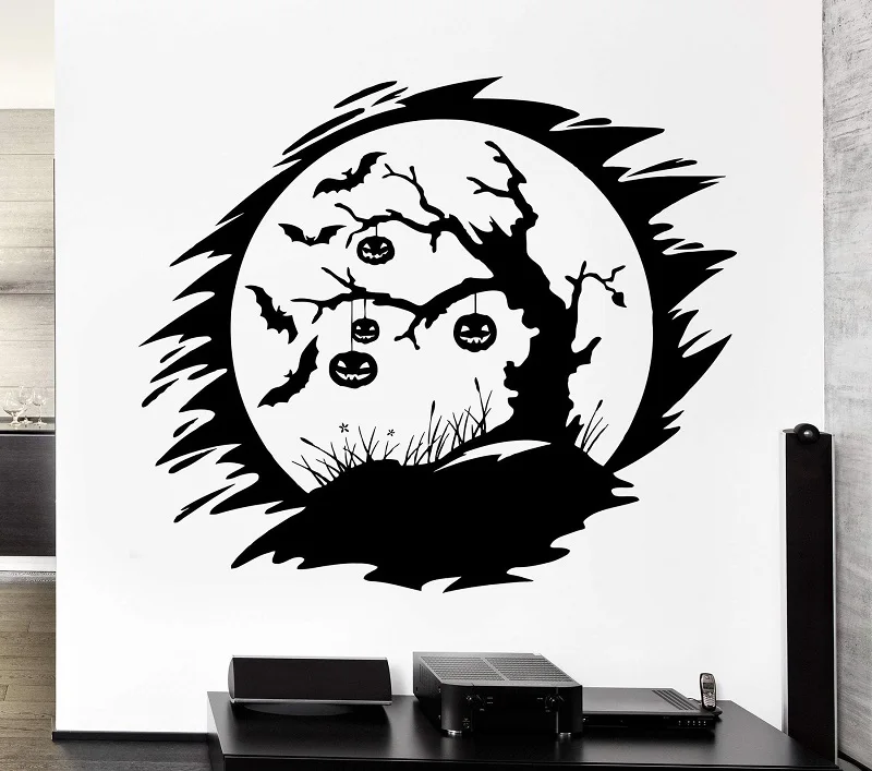 

Wall Decal Dark Night Bat Pumpkin Halloween Tree Vinyl Applique, Halloween Holiday Wall Sticker Home Decor WSJ05