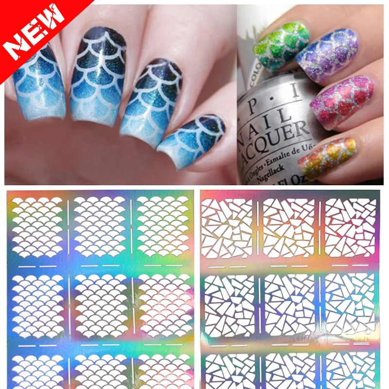1sheet Silver Hollow Nail Art Template Stencil Stickers Fish Scale Vinyls Image Polish Design Guide Manicure Tools | Красота и