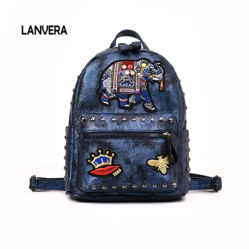 

Rivet Backpack for Women 2018 Elephant Embroidery Schoolbag PU Leather Large Shoulder Backpacks Traveling Bag Channels gg bag