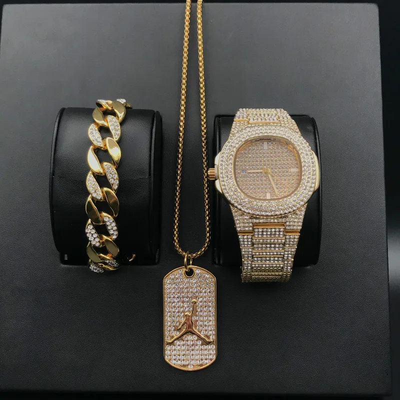 

Luxury Men Diamond Gold Watch Hip Hop Men watch & bracelet &Necklace Combo Set Basketball Pendant Cuban Necklace Hip Hop For men