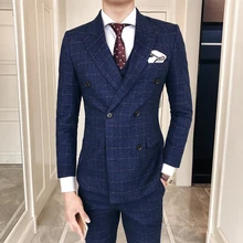 Double Breasted Mens Suit Vest With Pants 3 Piece Retro Classic Plaid Slim Fitted for Men Wedding Suits Navy Clothes Mauchley 