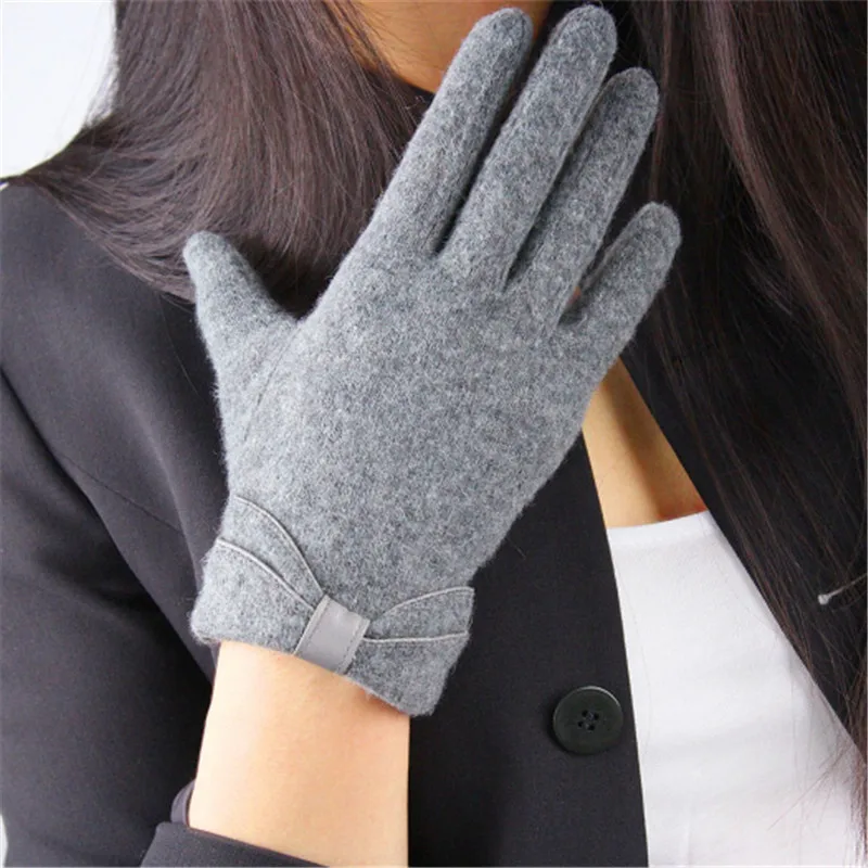Pure Wool Gloves Five Fingers Brown Grey Bean Color Autumn Winter Elastic Knitted Female Butterfly Knot Woman Gloves TB104