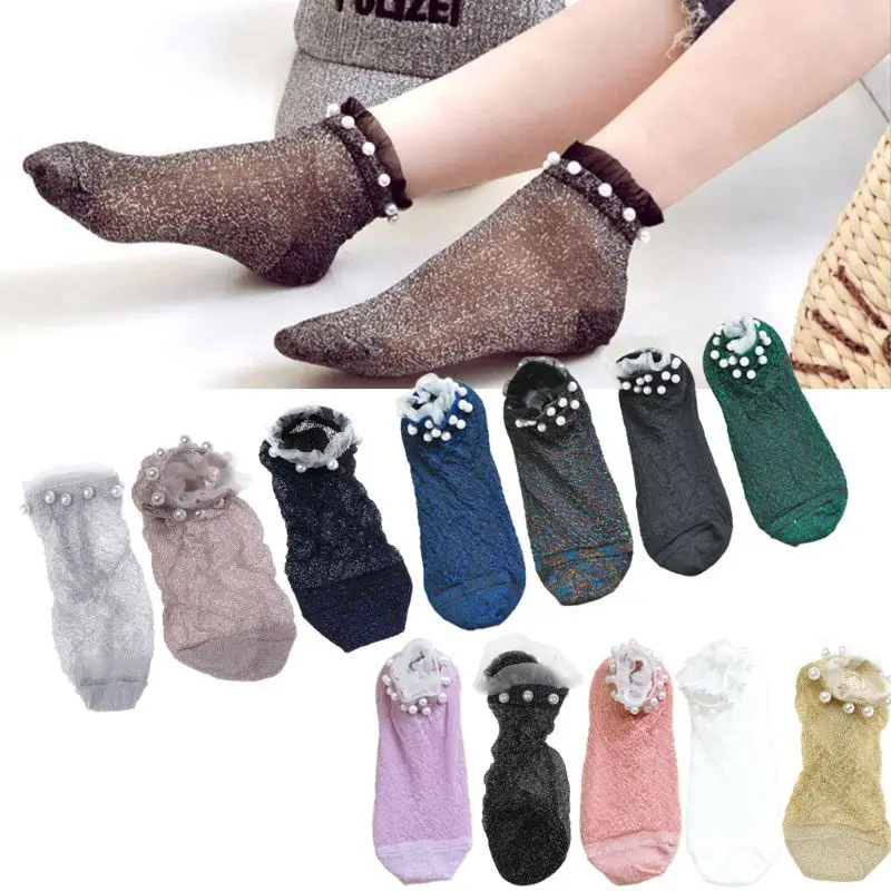 

Women Transparent Socks Ultrathin Glass Silky Faux Pearl Short Ankle Socks Shiny