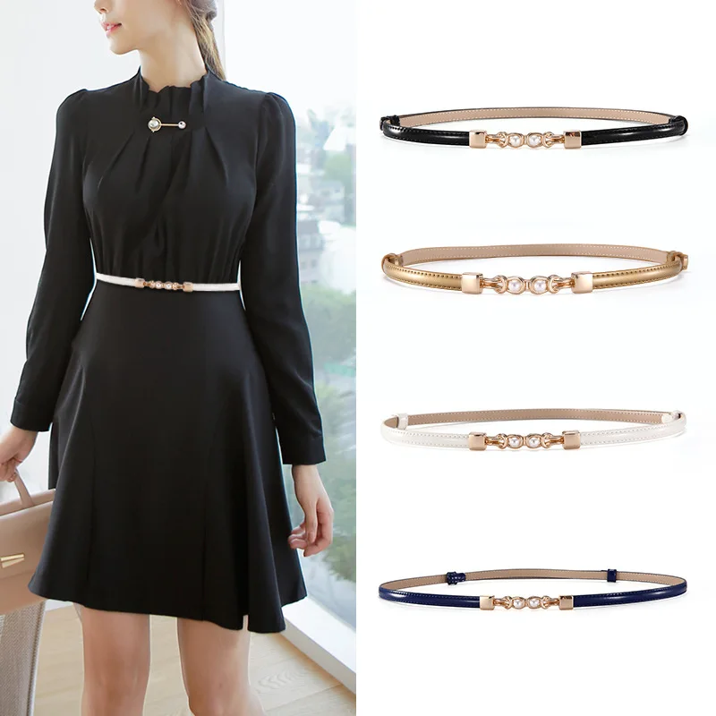 

1cm Women Adjustable Dress Belt Luxury Genuine Patent Leather Thin Belts For Jeans Fashion Double Pearls Buckle Decorative Strap