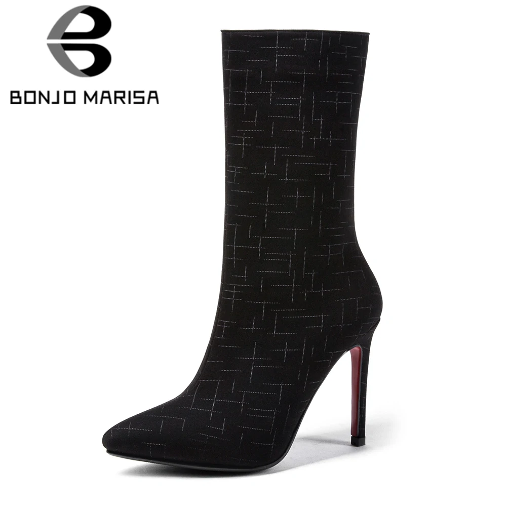 

BONJOMARISA Women Mid-calf Fashion Boots High Heel Pointed Toe Autumn Winter Shoes Woman Zipper Closure Sterech Cloth Slim Boots