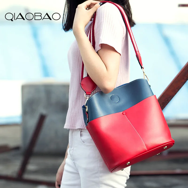 

QIAOBAO High Quality Genuine Leather Women Bag Bucket Shoulder Bags Big Women Handbag Large Capacity Tote Bolsas Feminina Famous