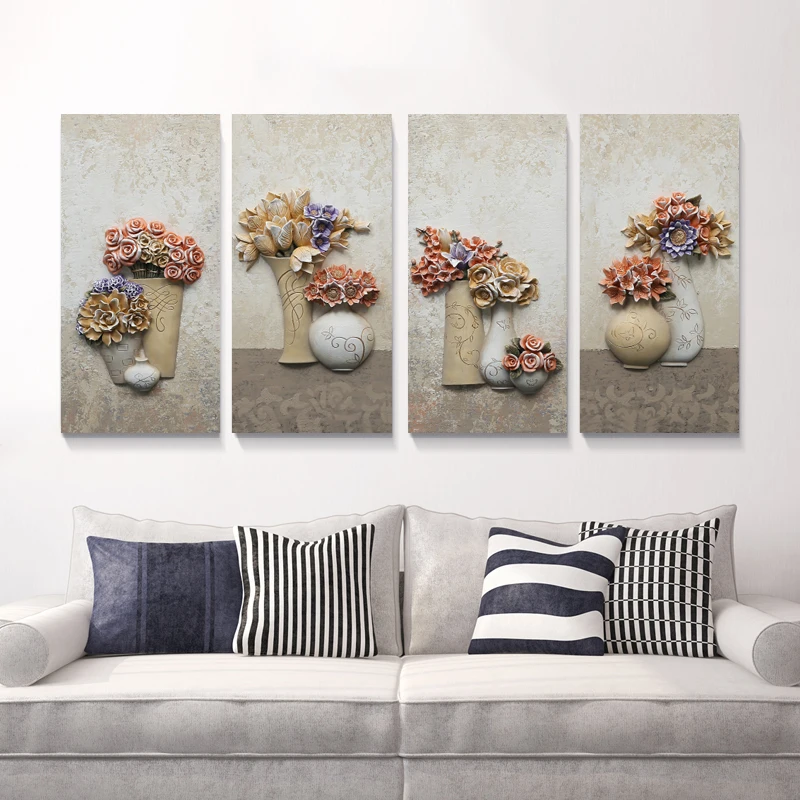

Combined Vase Oil Painting Flowers Wall Art for Living Room Handpainted Pictures Home Decor