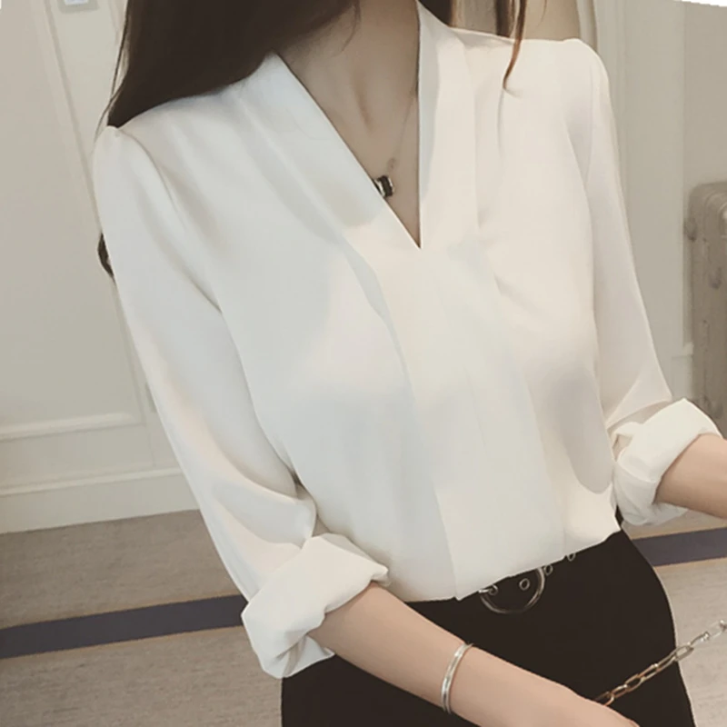 

South Korea spring new slim V-neck shirt solid color long sleeve ladies bottoming shirt chiffon shirt women