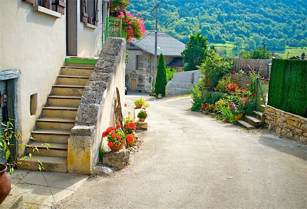 

Laeacco Countryside Houses Roadways Flowers Photography Backgrounds Customized Photographic Backdrops For Photo Studio