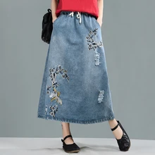 Новинка, джинсовые юбки, модные, с вышивкой, эластичный пояс, на завязках, повседневные юбки для женщин, уличная одежда, свободные, размера плюс, синие юбки