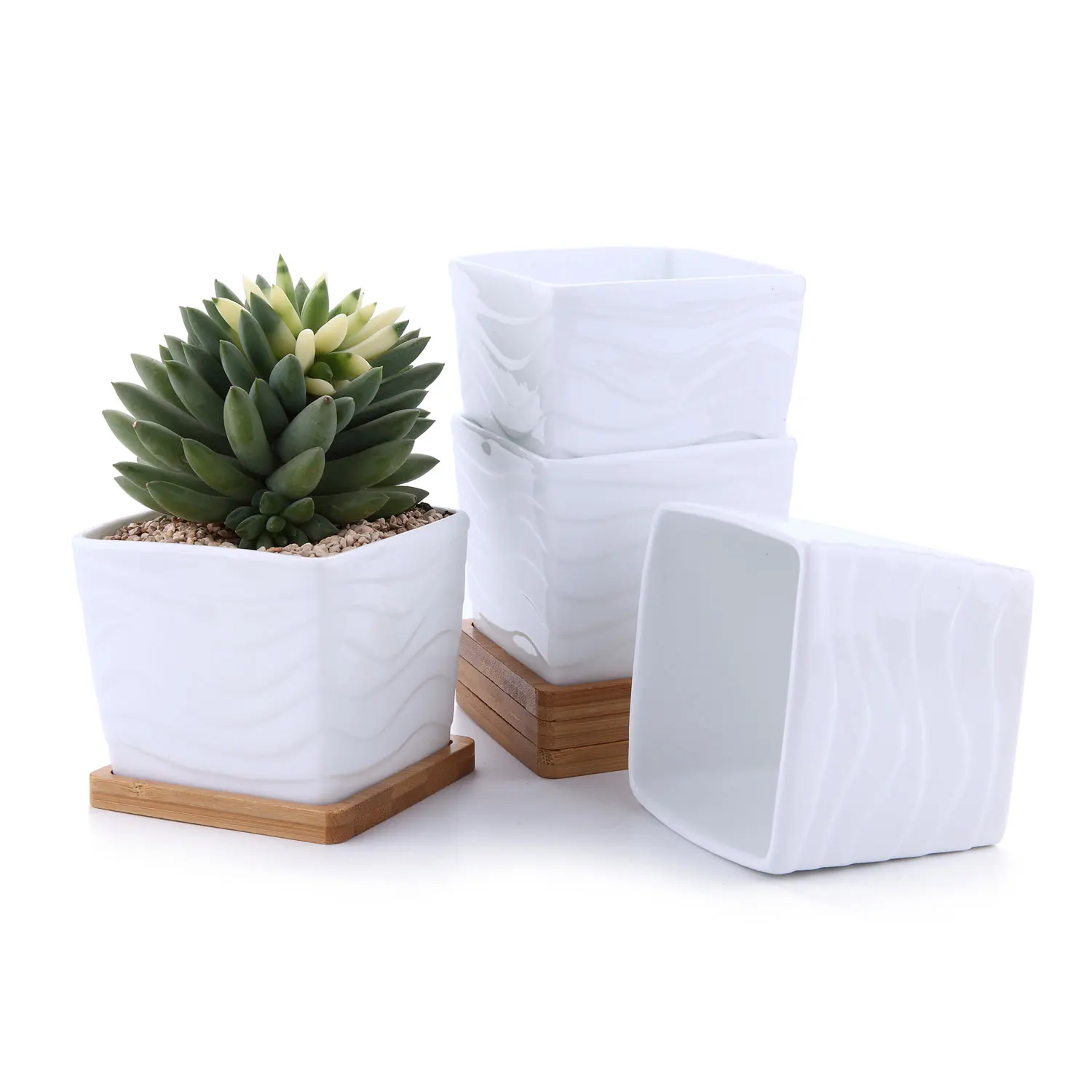

T4U 3.25"Wave Ripple Square Sucuulent Cactus Plant Pots Flower Pots Planters Containers Window Boxes Small Hole White Set of 4
