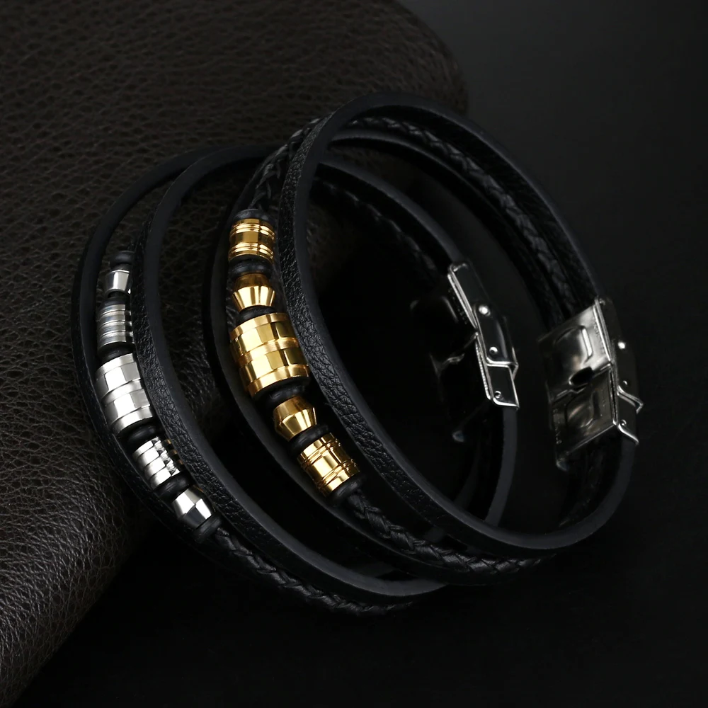 

Geometrically Irregular Graphics Stainless Steel Genuine Leather Bracelet Gold/silver Color Accessories for Men Women Jewelry