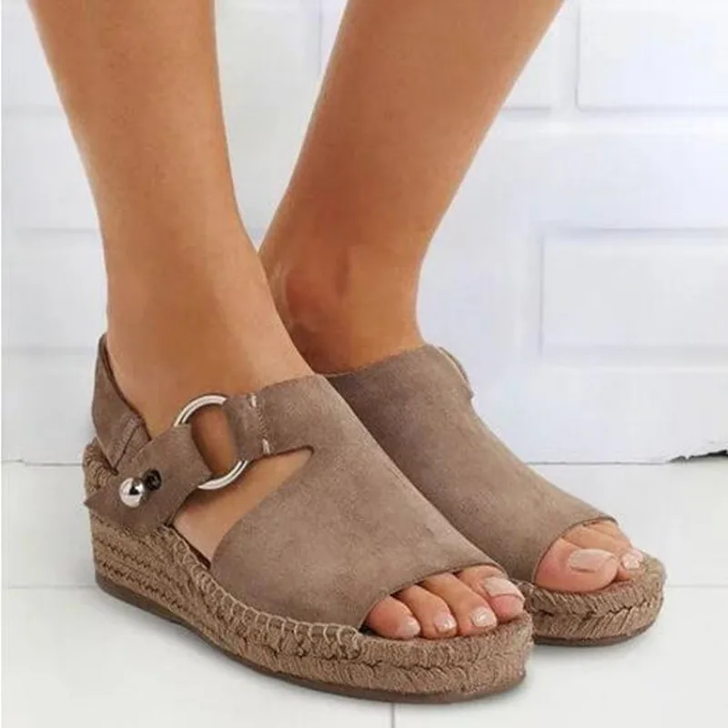 

2019 Summer Wedges Heel Sandals Peep Toe Med Heel Height Increasing Platform Shoes Women Plus Size Matt Leather Casual Sandals