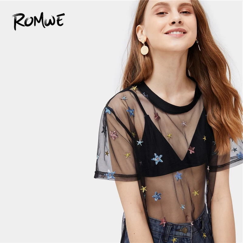 

ROMWE Contrast Sequin Mesh Sheer Tee 2019 Swish Sexy Black Short Sleeve Round Neck Tops Chic Glamorous Women Summer T Shirt