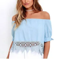 Fashion Women's Ladies Lace Off Shoulder Shirt Casual Blouse Crop Tops Blue Size Costume Summer Laipelar Fashion Women's Ladies Lace Off Shoulder Shirt Casual Blouse Crop Tops Blue Size Costume Summer Laipelar