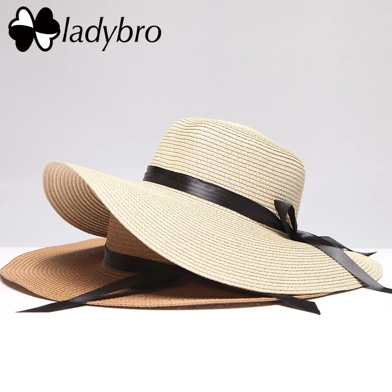 الصيف قبعة كبيرة حافة قبعة الشمس bowknot السيدات ladybro ل الإناث السفر عطلة الشاطئ عارضة المرأة سترو قبعة كاب الفاتحة فام
