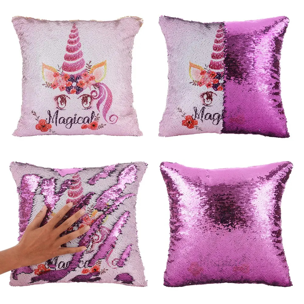 

Unicorn Mermaid Sequin Cushion Cover Magical Shining Pillowcase Color Changing Reversible Patchwork Pillow Cover With Sequins