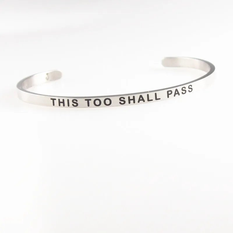 

THIS TOO SHALL PASS Engraved Stainless Steel Bangle Positive Inspirational Quote Women Cuff Mantra Wristband 4MM Female