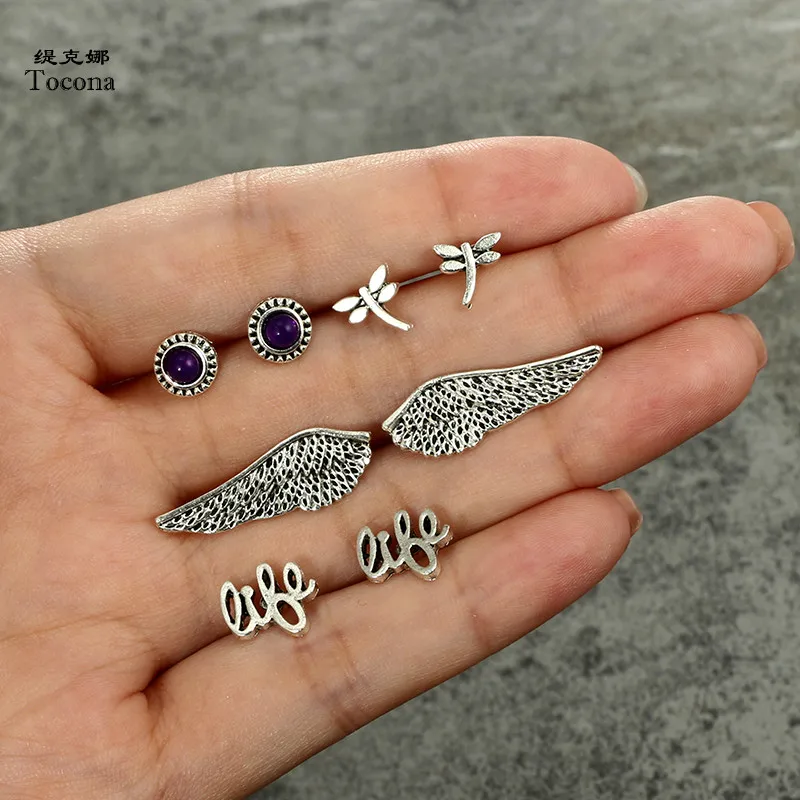 

Tocona 4Pair/set Vintage Antique Silver Dragonfly Wings Charm Stud Earrings Sets Brincos for Women Behemia Jewelry 2028