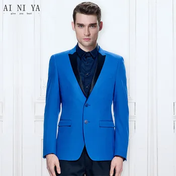 

Blue suit jacket and black trousers with custom made of pure color fashion two-button suit the groom's best man wedding dress