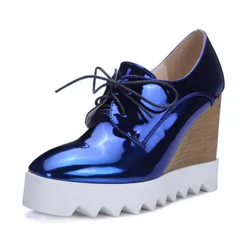 

Sexy Bling Patent Leather Vogue Shoes For Women Square Toe Lace Up High Heels Platform Wedge Female Footwear Woman Ankle Boots