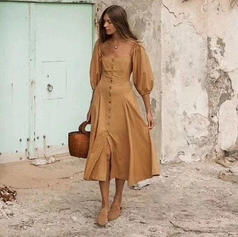 

2019 summer new pure color slash collar lantern short sleeve women mid calf retro dress