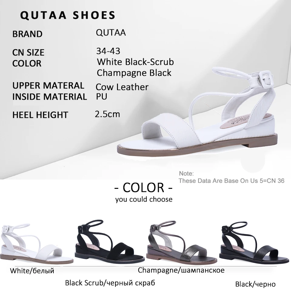 QUTAA/ г. Женские босоножки Повседневная обувь из коровьей кожи и PU искусственной кожи с круглым открытым носком, на плоской подошве, с ремешком на пятке, с пряжкой простой модный стиль, Size34-43