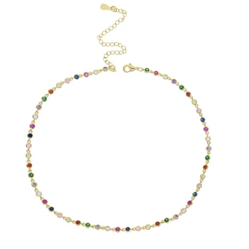 

Shiny choker style stunning rainbow colorful jewelry Gold filled red blue green cz station trendy gorgeous collar chain necklace