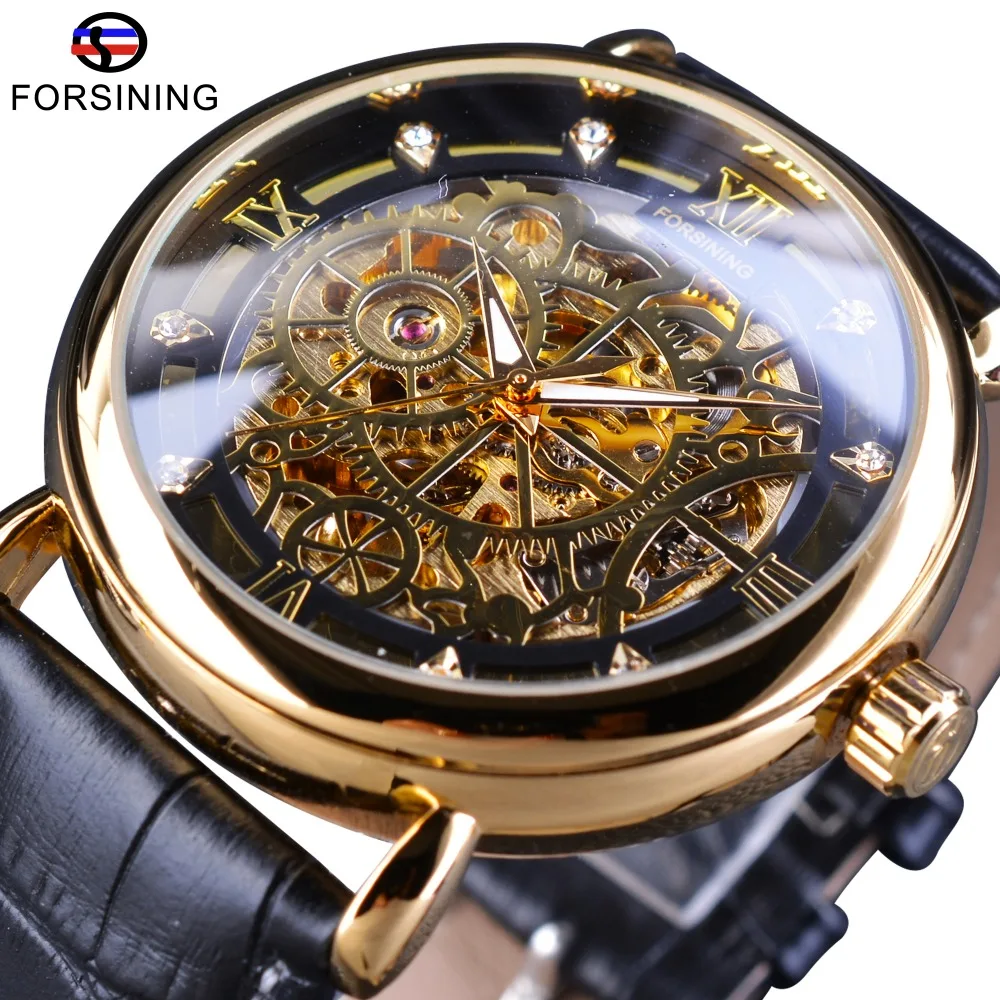 

Forsining Golden Transparent Case Retro Tarot Card Mens Watch Openwork Top Brand Luxury Automatic Leather Skeleton Wrist Watch