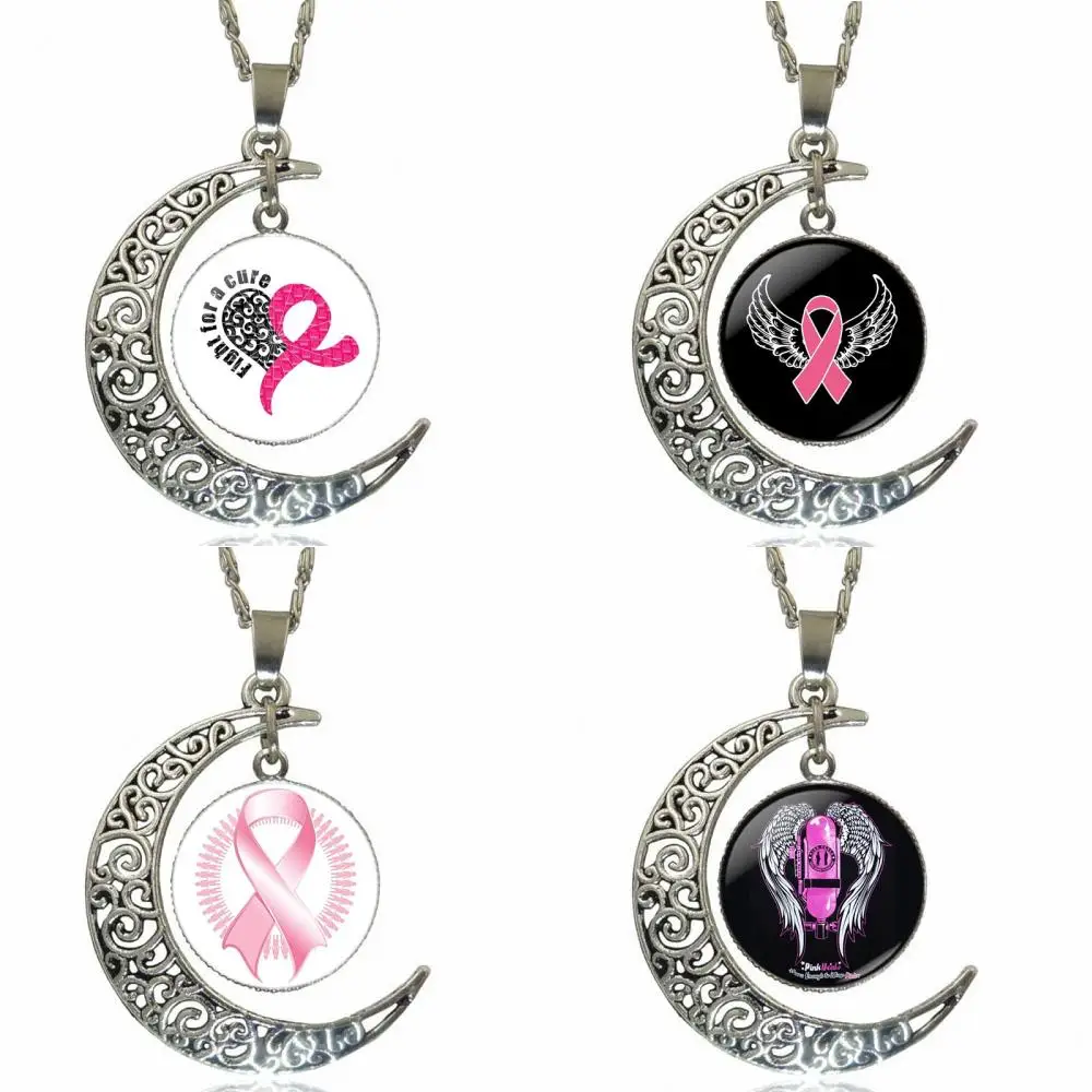 

Angel Pink Breast Cancer Awareness Ribbon Swirl For Women Men Glass Pendant Necklace Handmade Half Moon Pendant Necklace