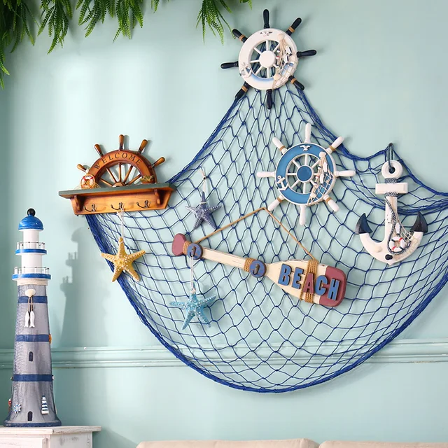 Blue White Fishing Net Hanging Decorative Fabric Seaside Beach Shell Blue White Fishing Net Hanging Decorative Fabric Seaside Beach Shell Partymediterranean Nautical Home Decor Door Wall