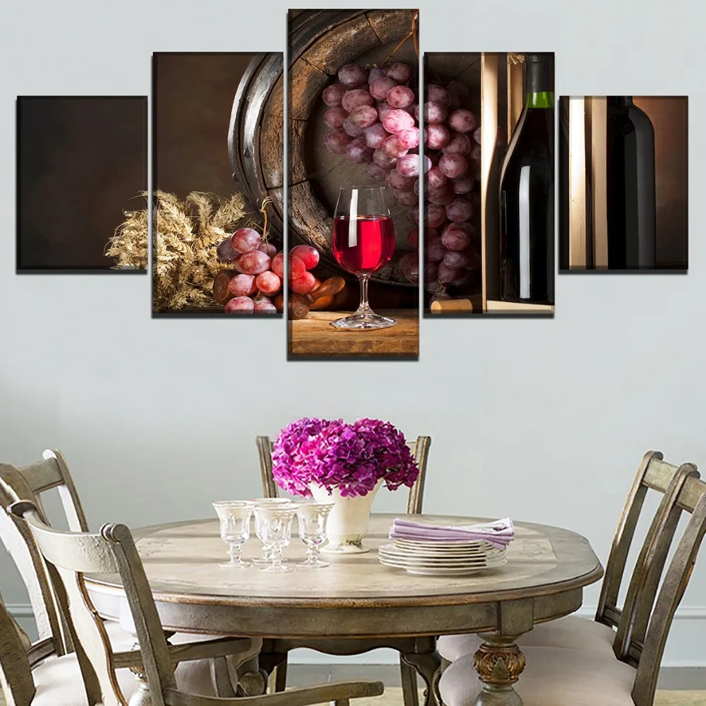

Wall Art Modular Picture Canvas Print Red Wine Poster 5 Pieces Oak Barrel And Red Wine Cup Painting For Kitchen Or Restaurant
