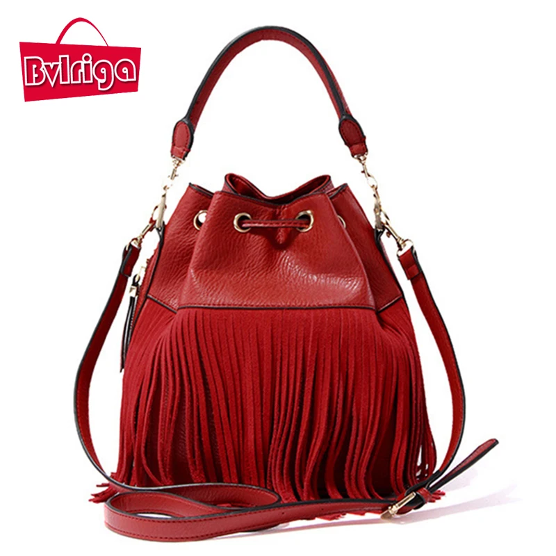 BVLRIGA font b Women b font Leather font b Handbags b font Tassel Bucket font b