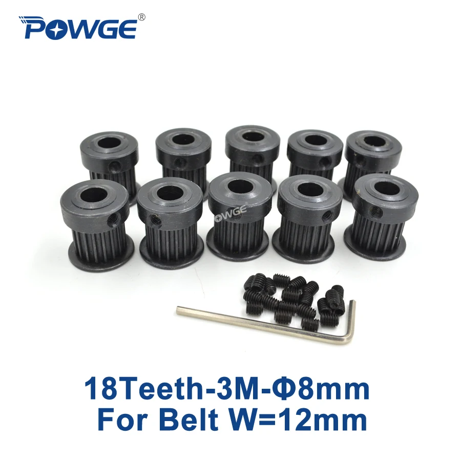 

POWGE Steel 18 Teeth HTD 3M Timing Pulley Bore 8mm for Width12mm 3M Timing belt Rubber HTD3M Belt pulley 18Teeth 18T 10pcs