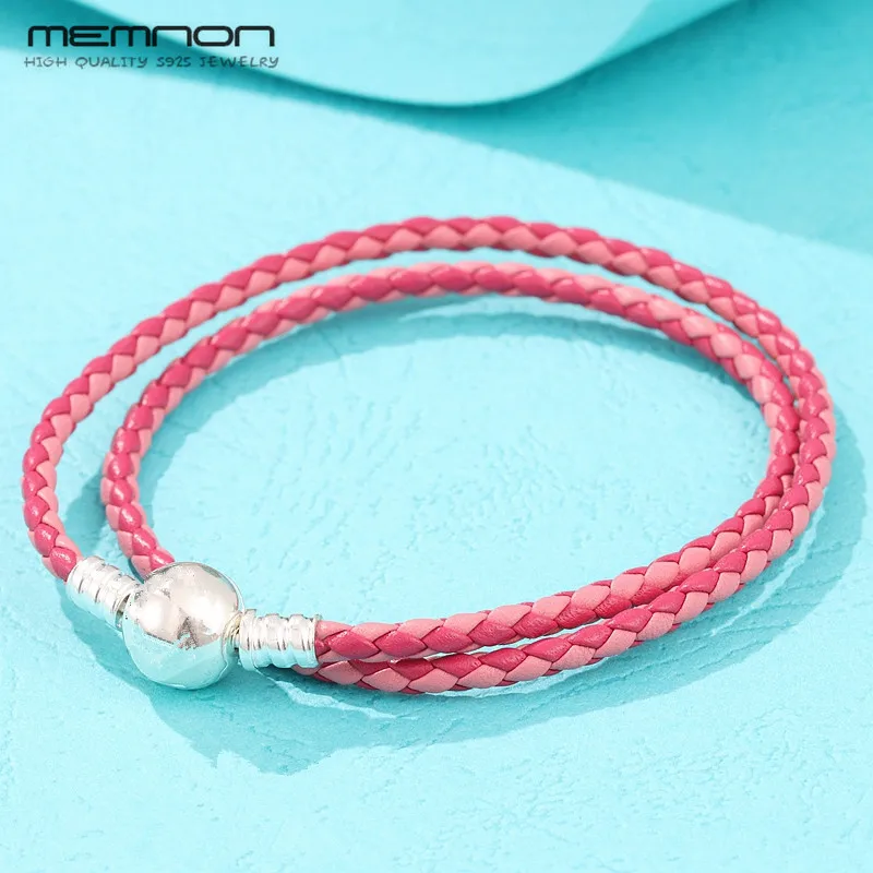 

2017 New summer pink mix Leather bracelets for women with 925 sterling silver round Clasp Fit Charms Beads DIY jewyuer PL013