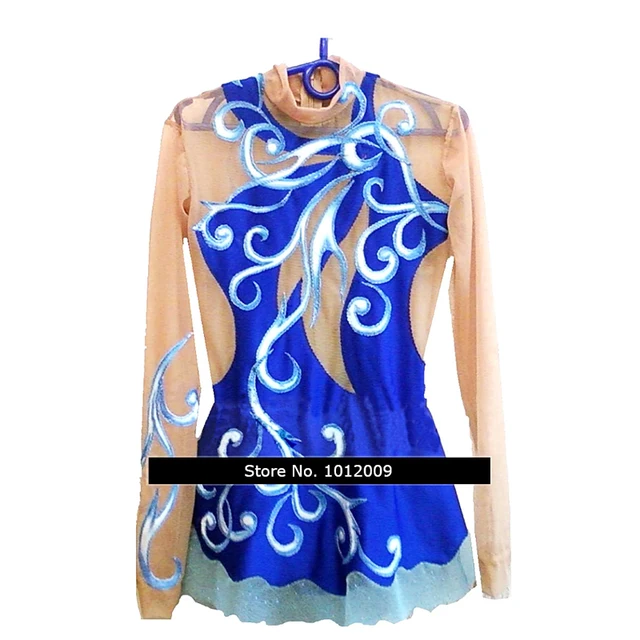 Cheap Customized Costume Ice Skating Figure Skating Dress Gymnastics Competition Blue Adult Child Girl Skirt Performance Long Sleeve