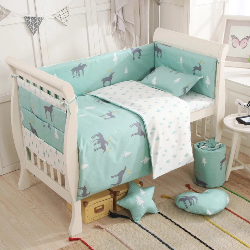Комплекты постельного белья для детей из хлопка с изображением оленя, бамперы для новорожденных, мягкая дышащая подкладка, высокое качество, простыня, сумка для хранения, унисекс