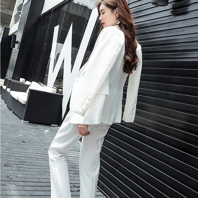 Двубортный белый женский брючный костюм с зубчатым воротником Блейзер Куртка и прямые брюки офисный женский костюм 2 шт наборы